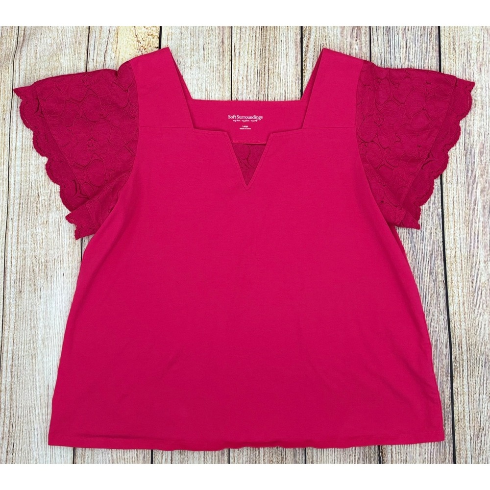 Soft Surroundings Lace Flutter Sleeve Top‎ Large Pink Notch Neck Cotton Blend